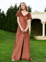 Robe en Velours à Col en V et Manches Flottantes avec Fente Rouille Grande Taille