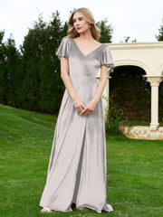Robe en Velours à Col en V et Manches Flottantes avec Fente Argent Grande Taille