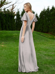 Robe en Velours à Col en V et Manches Flottantes avec Fente Argent Grande Taille