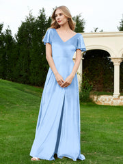 Robe en Velours à Col en V et Manches Flottantes avec Fente Bleu Ciel Grande Taille