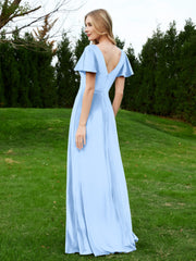 Robe en Velours à Col en V et Manches Flottantes avec Fente Bleu Ciel Grande Taille