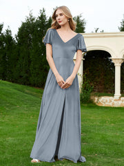 Robe en Velours à Col en V et Manches Flottantes avec Fente Bleu de Schiste