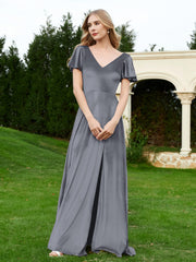 Robe en Velours à Col en V et Manches Flottantes avec Fente Gris Acier