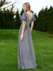 Robe en Velours à Col en V et Manches Flottantes avec Fente Gris Acier Grande Taille