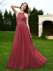Robe en Dentelle à Col Licou Sans Manches Longueur au Sol Cannelle Rose Grande Taille