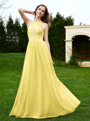 Robe en Dentelle à Col Licou Sans Manches Longueur au Sol Jonquille Grande Taille