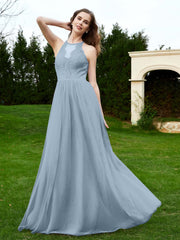 Robe en Dentelle à Col Licou Sans Manches Longueur au Sol Bleu Poudré Grande Taille
