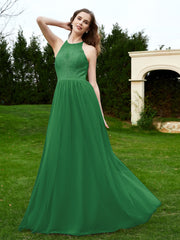 Robe en Dentelle à Col Licou Sans Manches Longueur au Sol Emeraude Grande Taille