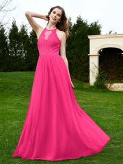 Robe en Dentelle à Col Licou Sans Manches Longueur au Sol Fuchsia Grande Taille