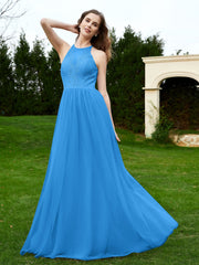 Robe en Dentelle à Col Licou Sans Manches Longueur au Sol Bleu Océan Grande Taille