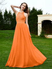 Robe en Dentelle à Col Licou Sans Manches Longueur au Sol Orange Grande Taille