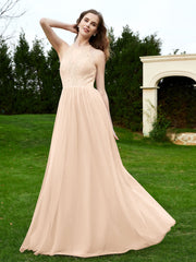 Robe en Dentelle à Col Licou Sans Manches Longueur au Sol Pêche Grande Taille