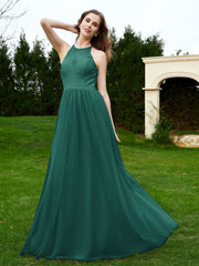 Robe en Dentelle à Col Licou Sans Manches Longueur au Sol Paon Grande Taille
