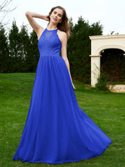 Robe en Dentelle à Col Licou Sans Manches Longueur au Sol Bleu Royale Grande Taille