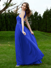 Robe en Dentelle à Col Licou Sans Manches Longueur au Sol Bleu Royale Grande Taille