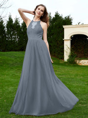 Robe en Dentelle à Col Licou Sans Manches Longueur au Sol Bleu de Schiste Grande Taille