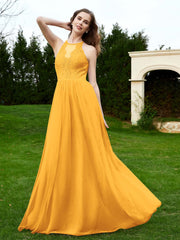Robe en Dentelle à Col Licou Sans Manches Longueur au Sol Mandarine Grande Taille