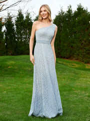 Robe en Dentelle Sans Manches à Une Épaule avec Ceinture Bleu Poudré