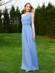 Robe en Dentelle Sans Manches à Une Épaule avec Ceinture Bleu