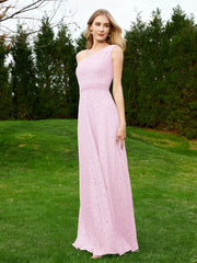 Robe en Dentelle Sans Manches à Une Épaule avec Ceinture Rose Pâle Grande Taille
