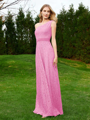 Robe en Dentelle Sans Manches à Une Épaule avec Ceinture Rose Bonbon Grande Taille