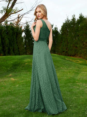 Robe en Dentelle Sans Manches à Une Épaule avec Ceinture Vert Foncé Grande Taille