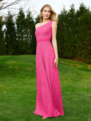 Robe en Dentelle Sans Manches à Une Épaule avec Ceinture Fuchsia Grande Taille