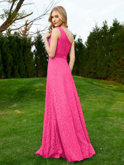 Robe en Dentelle Sans Manches à Une Épaule avec Ceinture Fuchsia Grande Taille