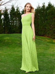Robe en Dentelle Sans Manches à Une Épaule avec Ceinture Vert Citron Grande Taille
