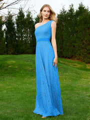 Robe en Dentelle Sans Manches à Une Épaule avec Ceinture Bleu Océan Grande Taille