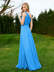 Robe en Dentelle Sans Manches à Une Épaule avec Ceinture Bleu Océan Grande Taille