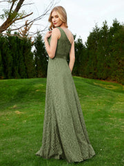 Robe en Dentelle Sans Manches à Une Épaule avec Ceinture Olive Verte Grande Taille
