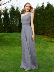 Robe en Dentelle Sans Manches à Une Épaule avec Ceinture Gris Acier