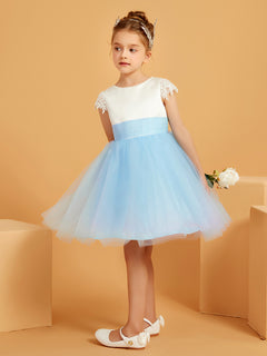 Robe de Fille en Satin/Tulle à Col en Scoop avec Longueur aux Genoux Bleu Ciel