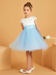 Robe de Fille en Satin/Tulle à Col en Scoop avec Longueur aux Genoux Bleu Ciel
