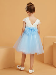 Robe de Fille en Satin/Tulle à Col en Scoop avec Longueur aux Genoux Bleu Ciel