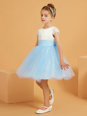 Robe de Fille en Satin/Tulle à Col en Scoop avec Longueur aux Genoux Bleu Ciel