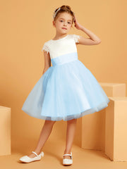 Robe de Fille en Satin/Tulle à Col en Scoop avec Longueur aux Genoux Bleu Ciel