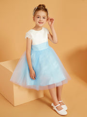 Robe de Fille en Satin/Tulle à Col en Scoop avec Longueur aux Genoux Bleu Ciel