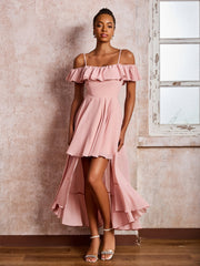 Robe Plissée à Hors de l'Épaule avec Manches Flottantes Longueur de Mollet Rose Poudré