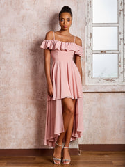 Robe Plissée à Hors de l'Épaule avec Manches Flottantes Longueur de Mollet Rose Poudré