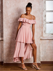 Robe Plissée à Hors de l'Épaule avec Manches Flottantes Longueur de Mollet Rose Poudré