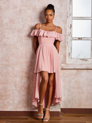 Robe Plissée à Hors de l'Épaule avec Manches Flottantes Longueur de Mollet Rose Poudré