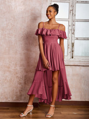 Robe Plissée à Hors de l'Épaule avec Manches Flottantes Longueur de Mollet Cannelle Rose
