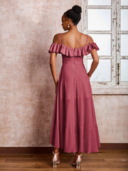 Robe Plissée à Hors de l'Épaule avec Manches Flottantes Longueur de Mollet Cannelle Rose