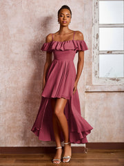 Robe Plissée à Hors de l'Épaule avec Manches Flottantes Longueur de Mollet Cannelle Rose