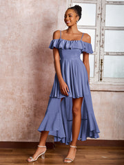 Robe Plissée à Hors de l'Épaule avec Manches Flottantes Longueur de Mollet Pervenche