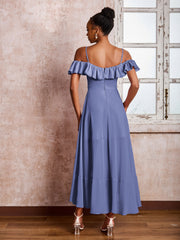 Robe Plissée à Hors de l'Épaule avec Manches Flottantes Longueur de Mollet Pervenche