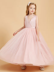 Robes de Demoiselle d'Honneur Junior en Tulle avec Haut en Satin Rose Poudré