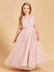 Robes de Demoiselle d'Honneur Junior en Tulle avec Haut en Satin Rose Poudré